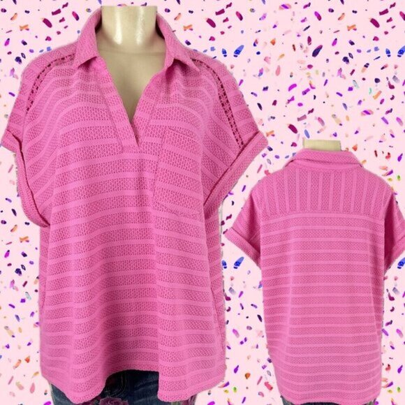Fred David Plus 1X Pink Textured Weave Split Neck Collar Dolman Short Sleeve Top - Picture 1 of 6